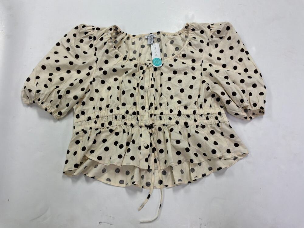 Deane Jamie Peplum Blouse Womens XXL Off-White Black Polka Dot Puff Sleeve NWT